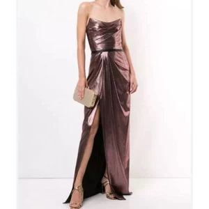 NWT Marchesa Notte Metallic Lame Strapless Belted Column Gown Sz 10 - Picture 1 of 12