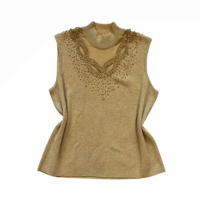 Vtg silk blend metallic gold beaded turtle neck sweater vest cable & gauge - Image 1 of 4