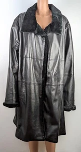 Jessica London Women’s Plus Size Black Fur-Trim Leather Swing Coat Sz 32W US 3X - Picture 1 of 3