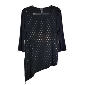 Chico's Travelers Black Top Size 1  Medium Asymmetric Hem 3/4 Sleeve Pullover - Picture 1 of 7