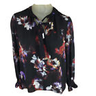 Ellen Tracy Woman shirt size  small Petite black floral blouse popover Ruffle