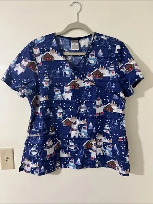 Cherokee Scrub Top Blue Polar Bear Owl Snow pattern Women's Size Large - Image 1 of 4