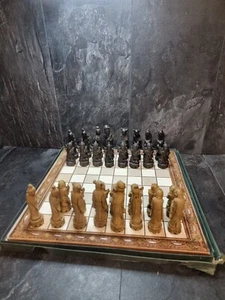 Mid 20th C Large Chinese Resin Pieces + Ceramic Chess Board "Repaired" Chess Set - Picture 1 of 24