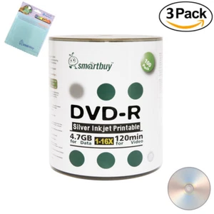 300 Smartbuy DVD-R 16X 4,7 GB disco imprimible por inyección de tinta plateado + tela de microfibra gratuita - Imagen 1 de 3
