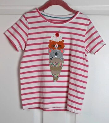 NWT Mini Boden Appliqué T-Shirt Azalea Pink Stripes Animal Ice Cream Cone Sz 5-6 - Image 1 of 3