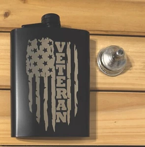 Veteran Tattered Flag Engraved 8 oz. Black Flask (NEW) - Picture 1 of 1