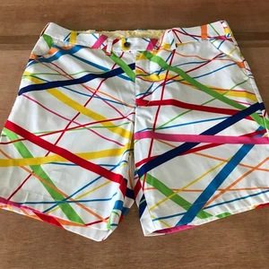 Loudmouth Golf Shorts Men 38 Blue Green Striped High Rise Athleisure Activewear - Picture 1 of 13