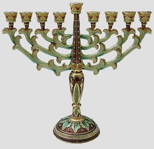 Hanukkah Jeweled Menorah in Green & Brown Branches & Leaves 11.5" H Hanukkia - Picture 1 of 1