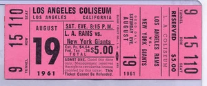 Los Angeles Rams New York Giants 8/19/61 Vintage Full Unused Football Ticket  - Picture 1 of 1