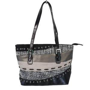 Coldwater Creek Tote Handbag L Black Gray Tan Faux Leather Tweed Diagonal Stripe - Picture 1 of 21