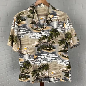 Aloha Republic Shirt Men XLarge Yellow Green Sailboat Hawaiian USA Palm Tropical - Picture 1 of 9
