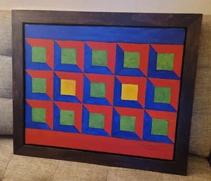 Original Signed 1992 Abstract Geometric Painting on Canvas Framed in Brooklyn - Imagen 1 de 14