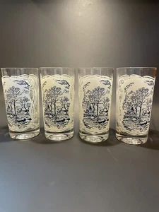 4 Vintage Currier & Ives Frost Blue Glass Old Grist Mill Ice Tea Water Tumblers - Picture 1 of 7