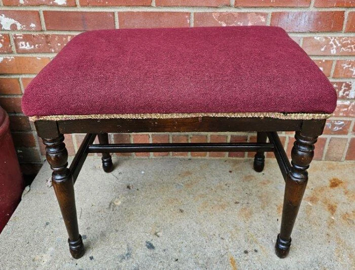 Vintage Mahogany Bench Footstool Red Wool Upholstery - Image 1 of 4