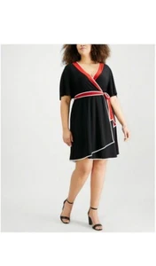 NY Collection PLUS SIZE Flutter Sleeve Faux Wrap STRETCHY Black Red NEW 3XP #790 - Picture 1 of 3