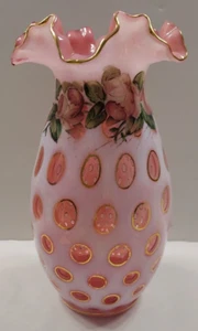 Fenton Rare Cranberry Pink Gold Trim Coin Dot Vase Hand Painted Charleton Roses - Picture 1 of 19