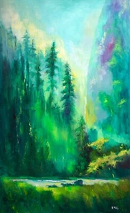Large Original Oil Landscape Painting Forest Signed collectible art 35x23 inch - Picture 1 of 6