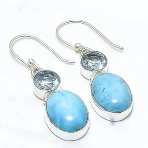 Arizona Turquoise, White Topaz 925 Silver Fashion Jewelry Earring 1.7" RE116 - Picture 1 of 3