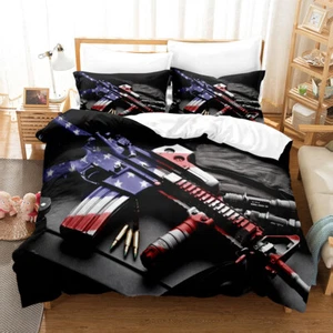 Flag Pattern Machine Gun Duvet Quilt Cover Bedding Set Queen Pillowcase - Picture 1 of 10