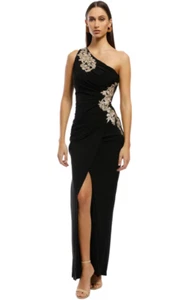 MONTIQUE Donatella Applique Black Gown Size 16 AU RRP 459.00 WITH DEFECTS - Picture 1 of 8