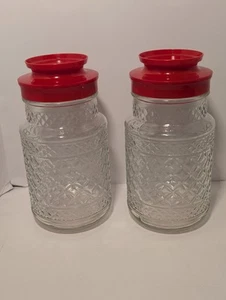 Anchor Hocking Glass Canister Jar Diamond Red Plastic Lid Vintage - Picture 1 of 5