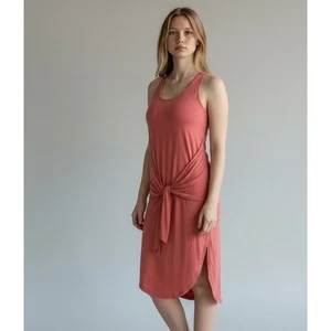 Lucky Brand Coral Pink Midi Tank Dress Flowy Front Tie Round Hem L Large Jersey - Picture 1 of 6