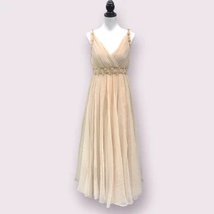 VTG 70s Formal Gown Champagne Chiffon Empire Beaded Dress Goddess Retro Glam - Picture 1 of 10