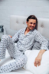 Conjunto de pijama largo de algodón ligero manga larga a cuadros azul gris para hombre  - Imagen 1 de 4