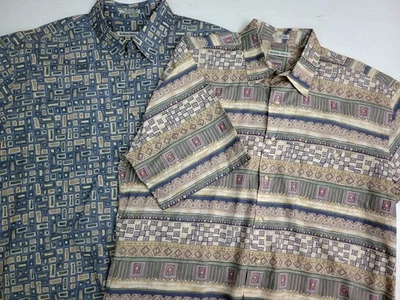 LOT 2 Burma Bibas 60 Singles Cotton Lawn Short Sleeve Geo Art Loop Camp Shirt XL - Image 1 of 4