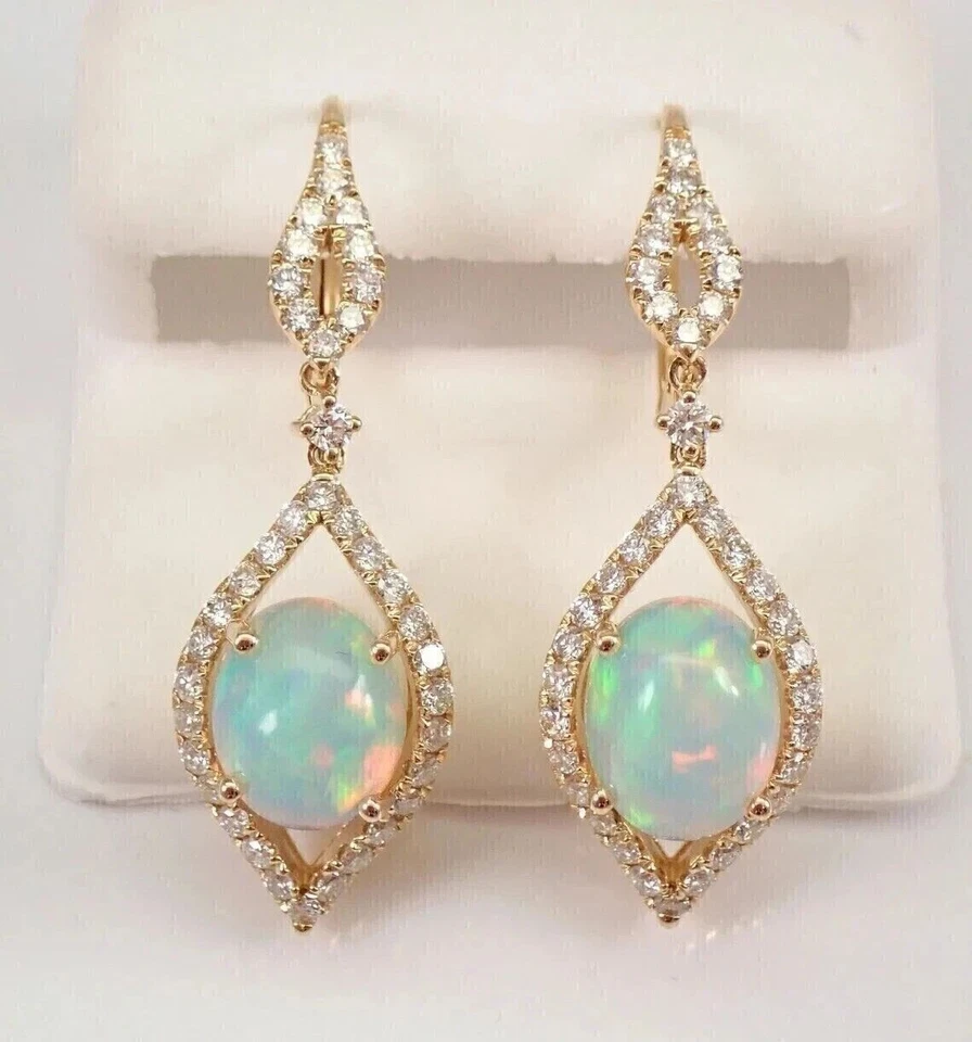 3Ct Oval Cut Lab Created Fire Opal Drop & Dangle Earrings 14K Yellow Gold Plated - Image 1 of 4