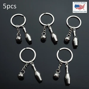 5x PCS Pack Lot - Bowling Pin Bowl with Ball Keychain Pendant Stainless Steel - Picture 1 of 7