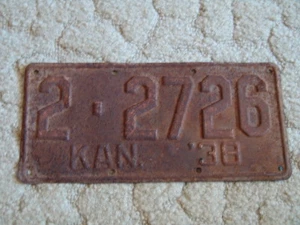 Antigua etiqueta/placa de licencia de Kansas 1938 #2-2726 - Imagen 1 de 2
