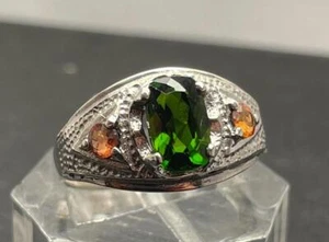 1.755 CT CHROME DIOPSIDE +ORANGE SAPPHIRE .925 STERLING SILVER MENS RING SZ 8.25 - Picture 1 of 10