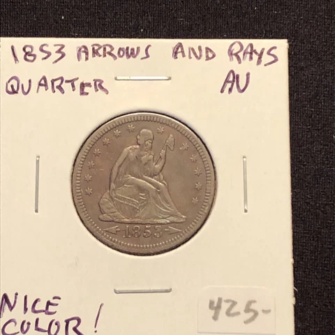 1853 SEATED LIBERTY QUARTER, ARROWS AND RAYS, choice au nice color and eye appea Cover