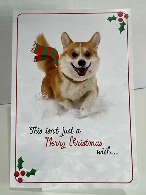 Hallmark Christmas Greeting Card Unused Corgi Dog Scarf Snow Holly White Red - Image 1 of 4