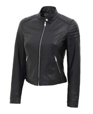 Stylish Womens Black Real Leather Biker Jacket Zipper Style &Motorcycle Jacket - Image 1 of 3