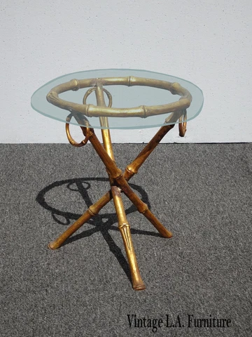 Vintage French Country Gold Side Table w New Glass Top w Faux Bamboo Metal Base Cover
