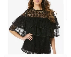 NUOVO Roaman's nero taglie forti 16W top blusa foderato a strati pizzo manica corta - Foto 1 di 5
