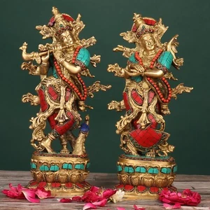 Statua in ottone Radha Krishna 12 pollici Radha Madhav idolo Shayam Moorti Diwali regalo - Foto 1 di 7