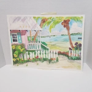 ORIGINAL WATERCOLOR Signed Beach Cottage Core Key West ? 14.75 X 11 Pretty - Picture 1 of 8