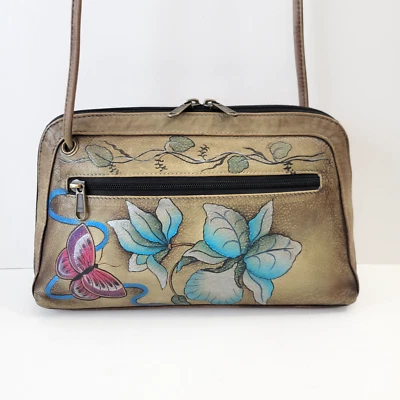 Anuschka Small Brown Crossbody Shoulder Bag Painted Butterflies n Flowers 9.5" H - Image 1 of 4