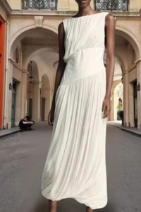 ZARA BLOGGER FAVE!!!❤️100% VISCOSE ECRU BALLOON CONTRAST MIDI DRESS sz L ONLY 1 - Picture 1 of 15