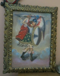 Vintage Framed Gouache Painting St Raphael The Archangel  Wall Art Handmade - Picture 1 of 10