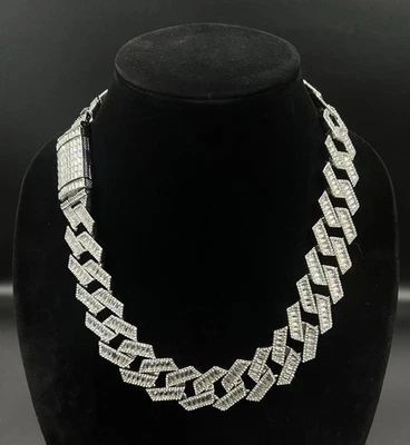 Cadena de eslabones cubanos baguette helada VVS1 moissanita plateada 21,5” x 23 mm Foto 1 de 4