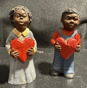 Vintage African American Children Boy & Girl Holding Red Hearts  Signed TNT - Picture 1 of 9