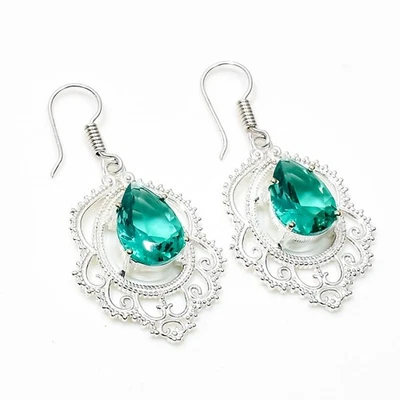 925 Sterling Silver Green Tourmaline Gemstone Handmade Jewelry Earring Size-1.8" - Image 1 of 4