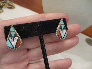 Vintage Native American Zuni sterling silver turquoise, coral, mop inlay earring - Picture 1 of 5
