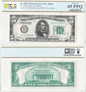 1928 $5 Federal Reserve Note Fr-1950-K PCGS Gem CU-65 PPQ - Picture 1 of 3
