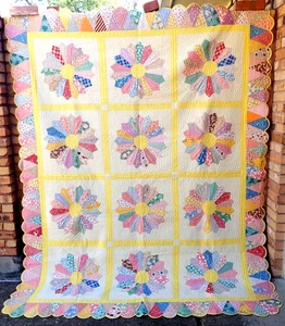 Vintage QUILT Hand PIECED & Hand STITCHED Cotton Feed Sack Fabric - Picture 1 of 20