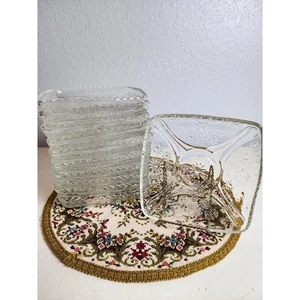 11 Square Clear Pressed Glass Plates with Embossed Flowers & Sawtooth Edge - Picture 1 of 3